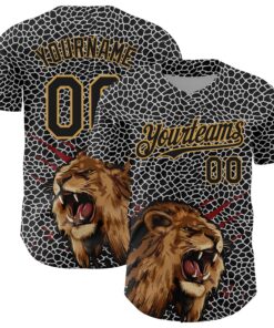 Custom Black Old Gold 3D Pattern Design Animal Lion Authentic Baseball Jersey