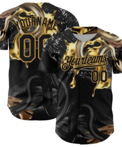 Custom Black Old Gold 3D Pattern Design Animal Snake Authentic Baseball Jersey