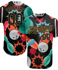 Custom Black Old Gold 3D Pattern Design Bowling Authentic Baseball Jersey