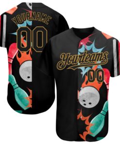 Custom Black Old Gold 3D Pattern Design Bowling Authentic Baseball Jersey