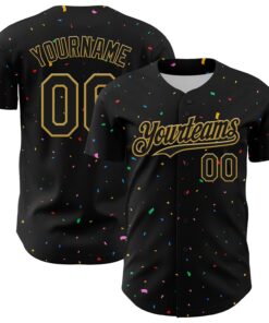 Custom Black Old Gold 3D Pattern Design Confetti Authentic Baseball Jersey