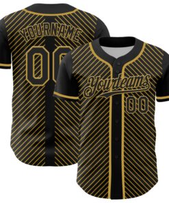 Custom Black Old Gold 3D Pattern Design Diagonal Stripes Authentic Baseball Jersey