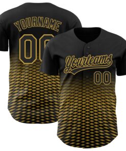 Custom Black Old Gold 3D Pattern Design Gradient Lines Authentic Baseball Jersey