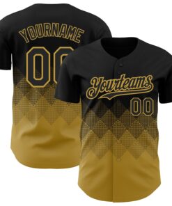 Custom Black Old Gold 3D Pattern Design Gradient Square Shapes Authentic Baseball Jersey
