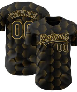 Custom Black Old Gold 3D Pattern Design Halftone Geometric Shapes Authentic Baseball Jersey