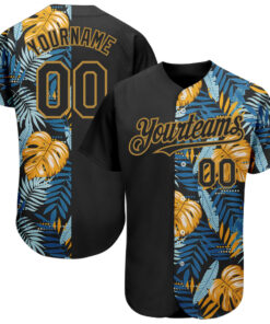 Custom Black Old Gold 3D Pattern Design Hawaii Tropical Leaves Authentic Baseball Jersey
