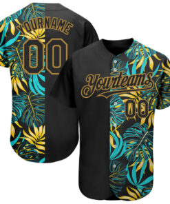 Custom Black Old Gold 3D Pattern Design Hawaii Tropical Palm Leaves Authentic Baseball Jersey