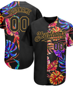 Custom Black Old Gold 3D Pattern Design Hawaii Tropical Palm Leaves Authentic Baseball Jersey