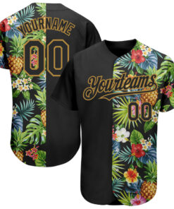 Custom Black Old Gold 3D Pattern Design Hawaii Tropical Pineapples, Palm Leaves And Flowers Authentic Baseball Jersey