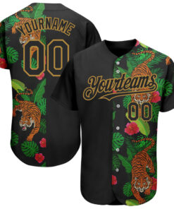 Custom Black Old Gold 3D Pattern Design Hawaii Tropical Tiger Authentic Baseball Jersey