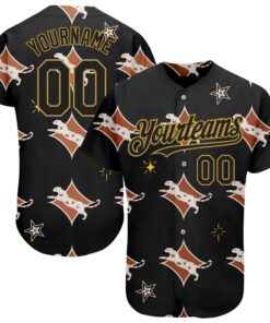 Custom Black Old Gold 3D Pattern Design Leopard Authentic Baseball Jersey