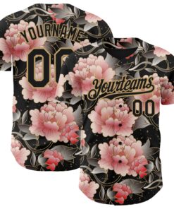Custom Black Old Gold 3D Pattern Design Northeast China Big Flower Authentic Baseball Jersey
