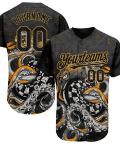 Custom Black Old Gold 3D Pattern Design Octopus Wrapped Around Dart Board Authentic Baseball Jersey
