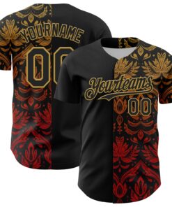 Custom Black Old Gold 3D Pattern Design Vintage Tattoos Authentic Baseball Jersey