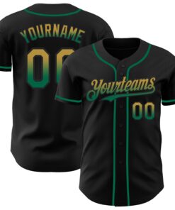 Custom Black Old Gold-Kelly Green Authentic Fade Fashion Baseball Jersey