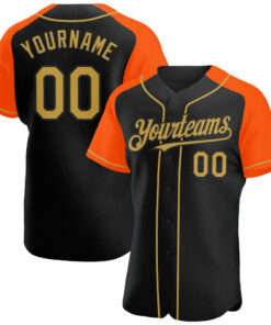 Custom Black Old Gold-Orange Authentic Raglan Sleeves Baseball Jersey