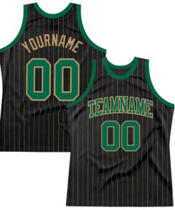 Custom Black Old Gold Pinstripe Kelly Green-Old Gold Authentic Basketball Jersey