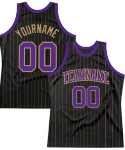 Custom Black Old Gold Pinstripe Purple-Old Gold Authentic Basketball Jersey