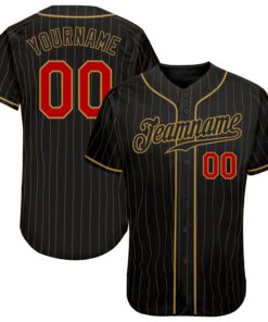 Custom Black Old Gold Pinstripe Red-Old Gold Authentic Baseball Jersey