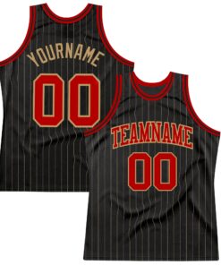 Custom Black Old Gold Pinstripe Red-Old Gold Authentic Basketball Jersey