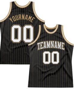Custom Black Old Gold Pinstripe White-Old Gold Authentic Basketball Jersey