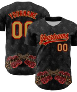 Custom Black Old Gold-Red 3D Pattern Design Gothic Style Gun With Rose Authentic Baseball Jersey