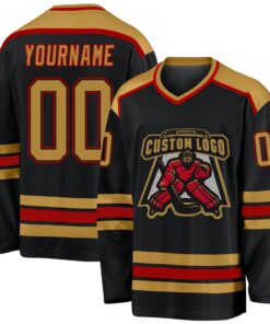 Custom Black Old Gold-Red Hockey Jersey