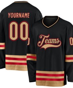 Custom Black Old Gold-Red Hockey Jersey