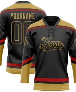 Custom Black Old Gold-Red Hockey Lace Neck Jersey