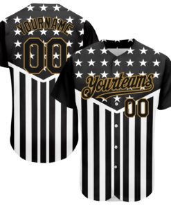 Custom Black Old Gold-White 3D American Flag Authentic Baseball Jersey
