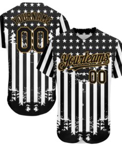 Custom Black Old Gold-White 3D American Flag Authentic Baseball Jersey