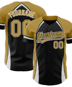 Custom Black Old Gold-White 3D Pattern Design Curve Solid Authentic Baseball Jersey