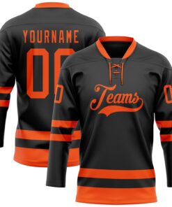 Custom Black Orange Hockey Lace Neck Jersey
