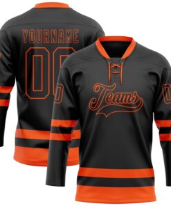 Custom Black Orange Hockey Lace Neck Jersey