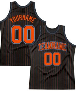 Custom Black Orange Pinstripe Orange-Light Blue Authentic Basketball Jersey