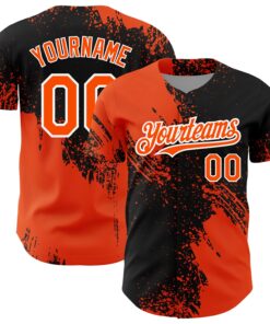 Custom Black Orange-White 3D Pattern Design Abstract Brush Stroke Authentic Baseball Jersey