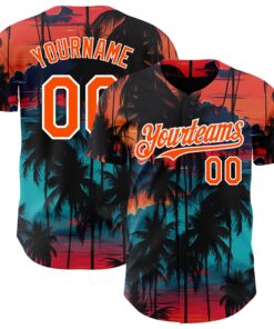 Custom Black Orange-White 3D Pattern Design Tropical Hawaii Palms Trees Authentic Baseball Jersey