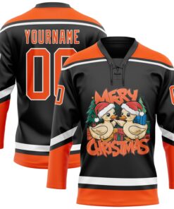 Custom Black Orange-White Funny Christmas 3D Hockey Lace Neck Jersey