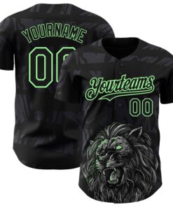 Custom Black Pea Green 3D Pattern Design Animal Lion Authentic Baseball Jersey