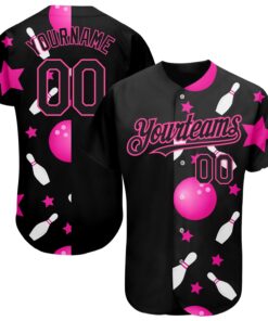 Custom Black Pink 3D Pattern Design Bowling Authentic Baseball Jersey