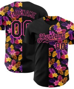 Custom Black Pink 3D Pattern Design Tropical Flower And Hawaii Palm Leaves Authentic Baseball Jersey
