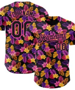 Custom Black Pink 3D Pattern Design Tropical Flower And Hawaii Palm Leaves Authentic Baseball Jersey