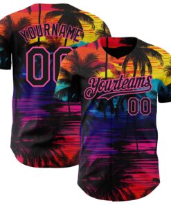 Custom Black Pink 3D Pattern Design Tropical Hawaii Palms Trees Authentic Baseball Jersey
