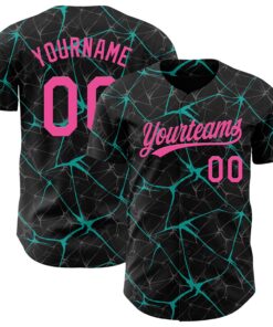 Custom Black Pink-Aqua 3D Pattern Design Abstract Network Authentic Baseball Jersey
