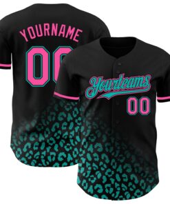 Custom Black Pink-Aqua 3D Pattern Design Leopard Print Fade Fashion Authentic Baseball Jersey