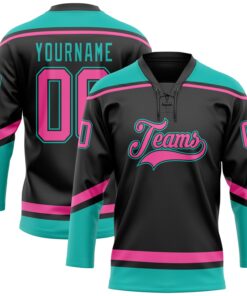 Custom Black Pink-Aqua Hockey Lace Neck Jersey