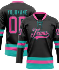 Custom Black Pink-Aqua Hockey Lace Neck Jersey
