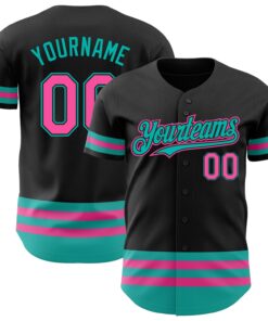 Custom Black Pink-Aqua Line Authentic Baseball Jersey