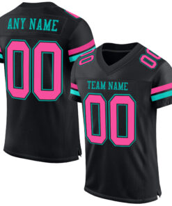 Custom Black Pink-Aqua Mesh Authentic Football Jersey