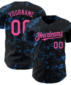 Custom Black Pink-Electric Blue 3D Pattern Design Abstract Splatter Texture Authentic Baseball Jersey